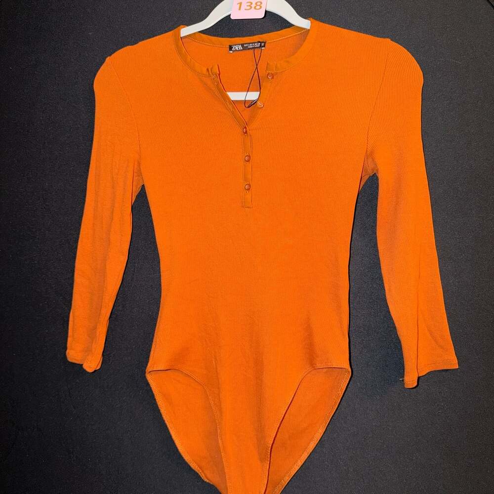 Zara Orange Ribbed Henley Long Sleeve Bodysuit
